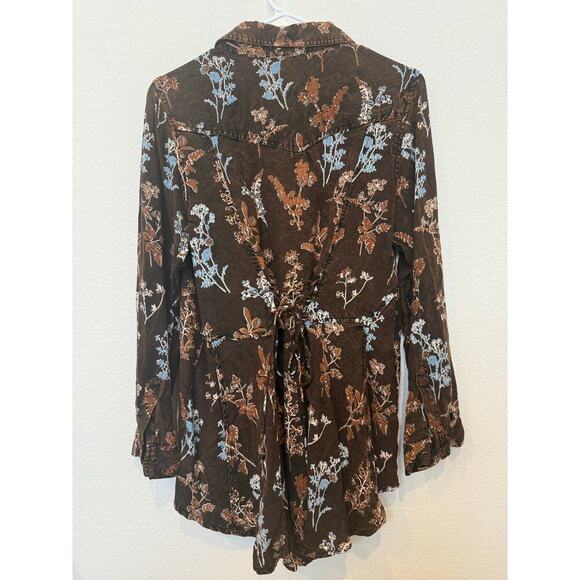 Back In The Saddle Floral Shirt Back Tie Western Brown Medium - Picture 2 of 8